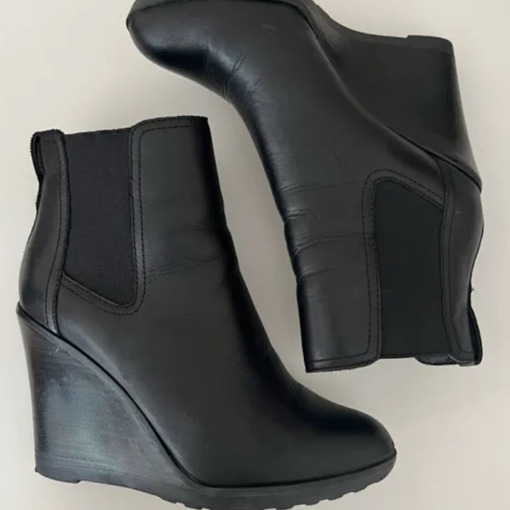 Black Leather Wedge Ankle Booties Slip on